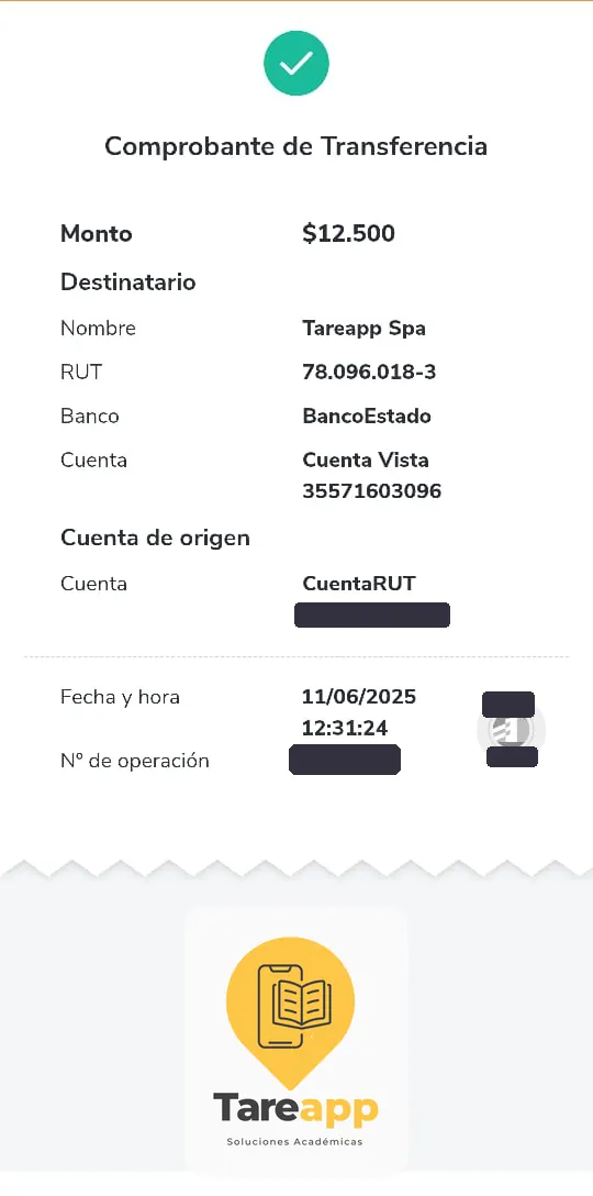 Comprobante de pago de $12.500 a Tareapp, junio 2025