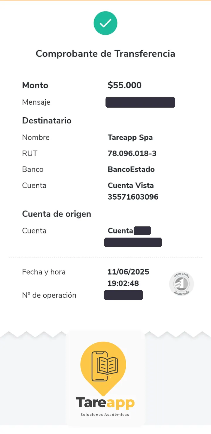 Comprobante de pago de $55.000 a Tareapp, junio 2025