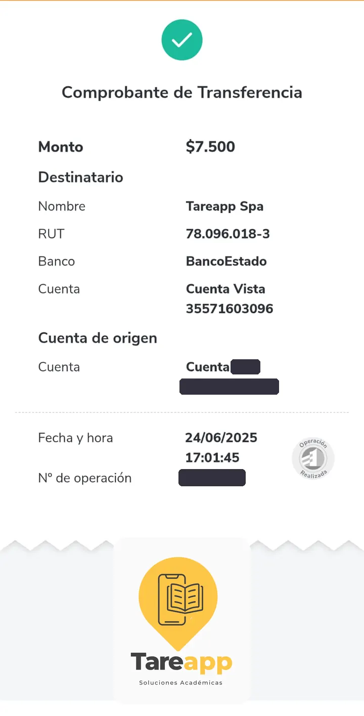 Comprobante de pago de $7.500 a Tareapp, junio 2025