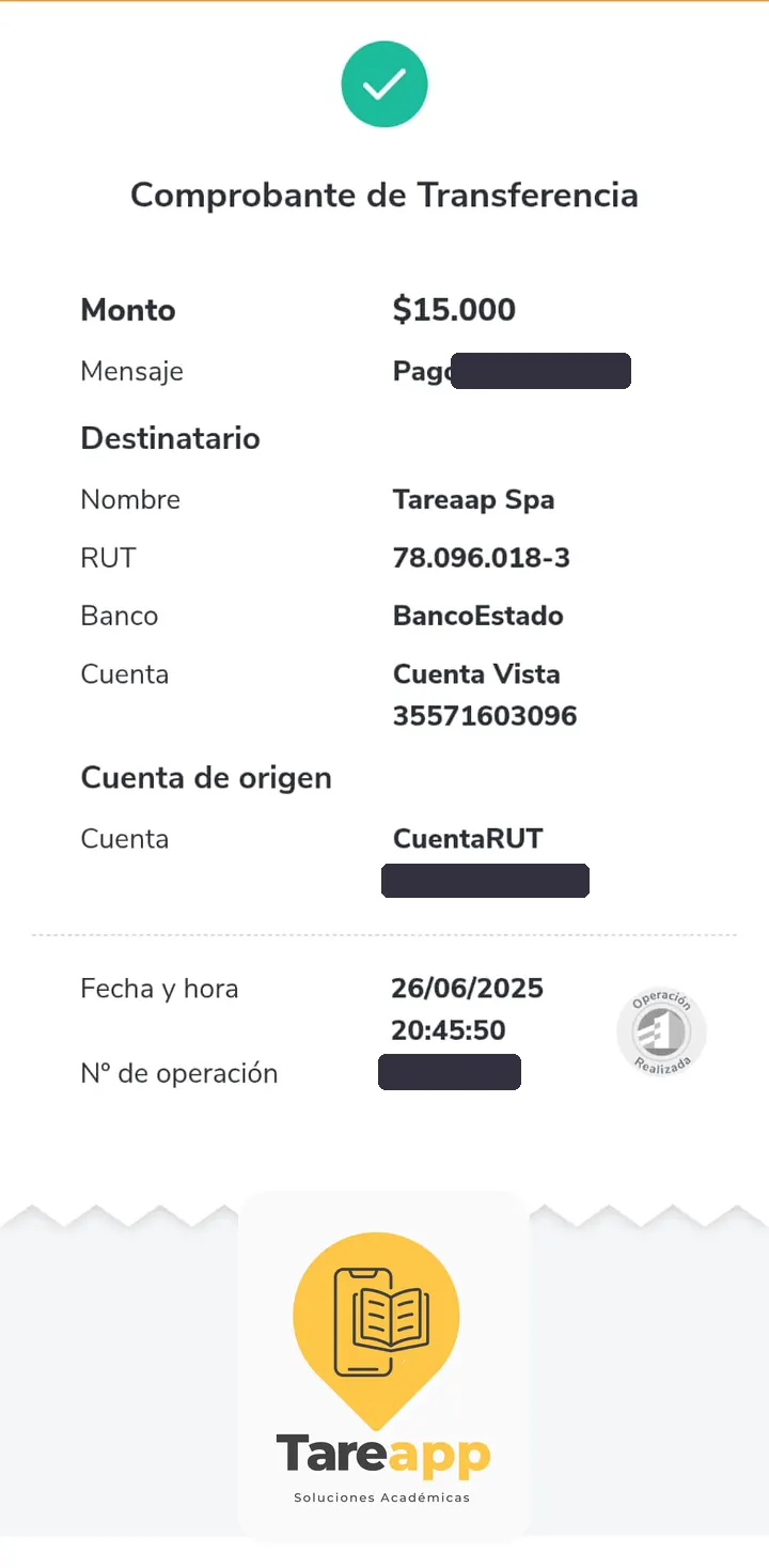 Comprobante de pago de $15.000 a Tareapp, junio 2025
