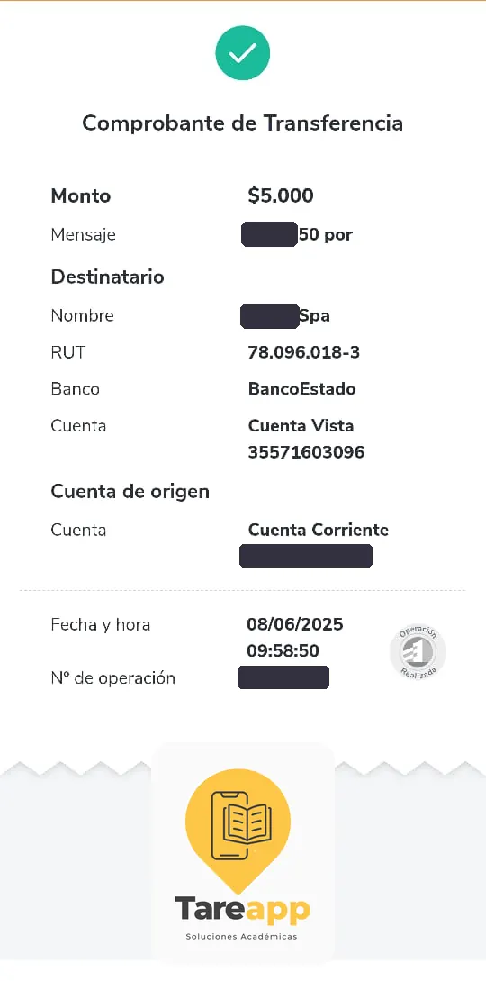 Comprobante de pago de $5.000 a Tareapp, junio 2025