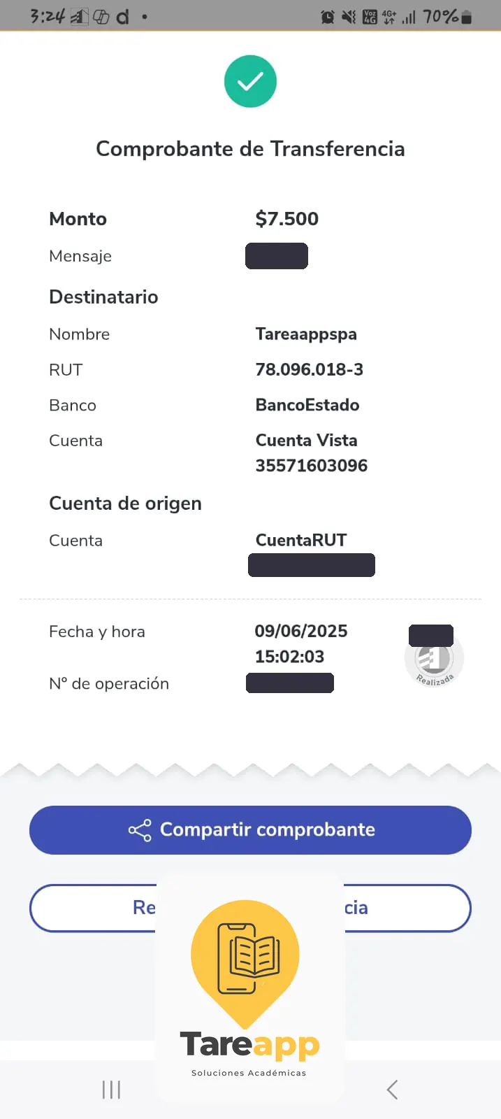 Comprobante de pago de $7.500 a Tareapp, junio 2025
