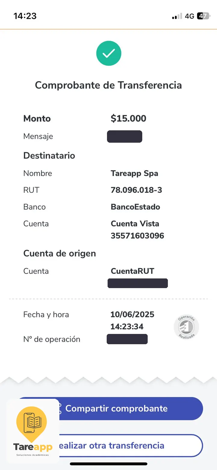 Comprobante de pago de $15.000 a Tareapp, junio 2025