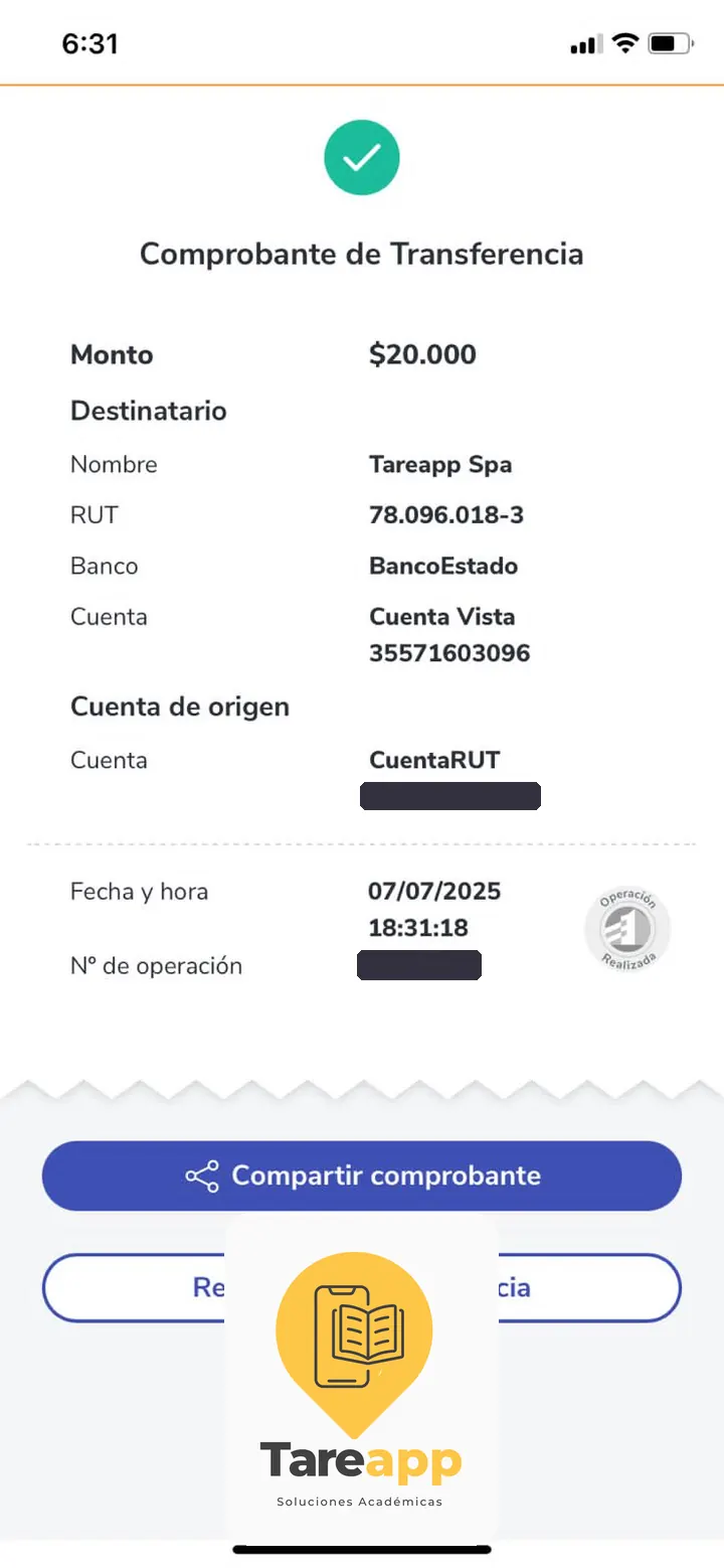 Comprobante de pago de $20.000 a Tareapp, julio 2025