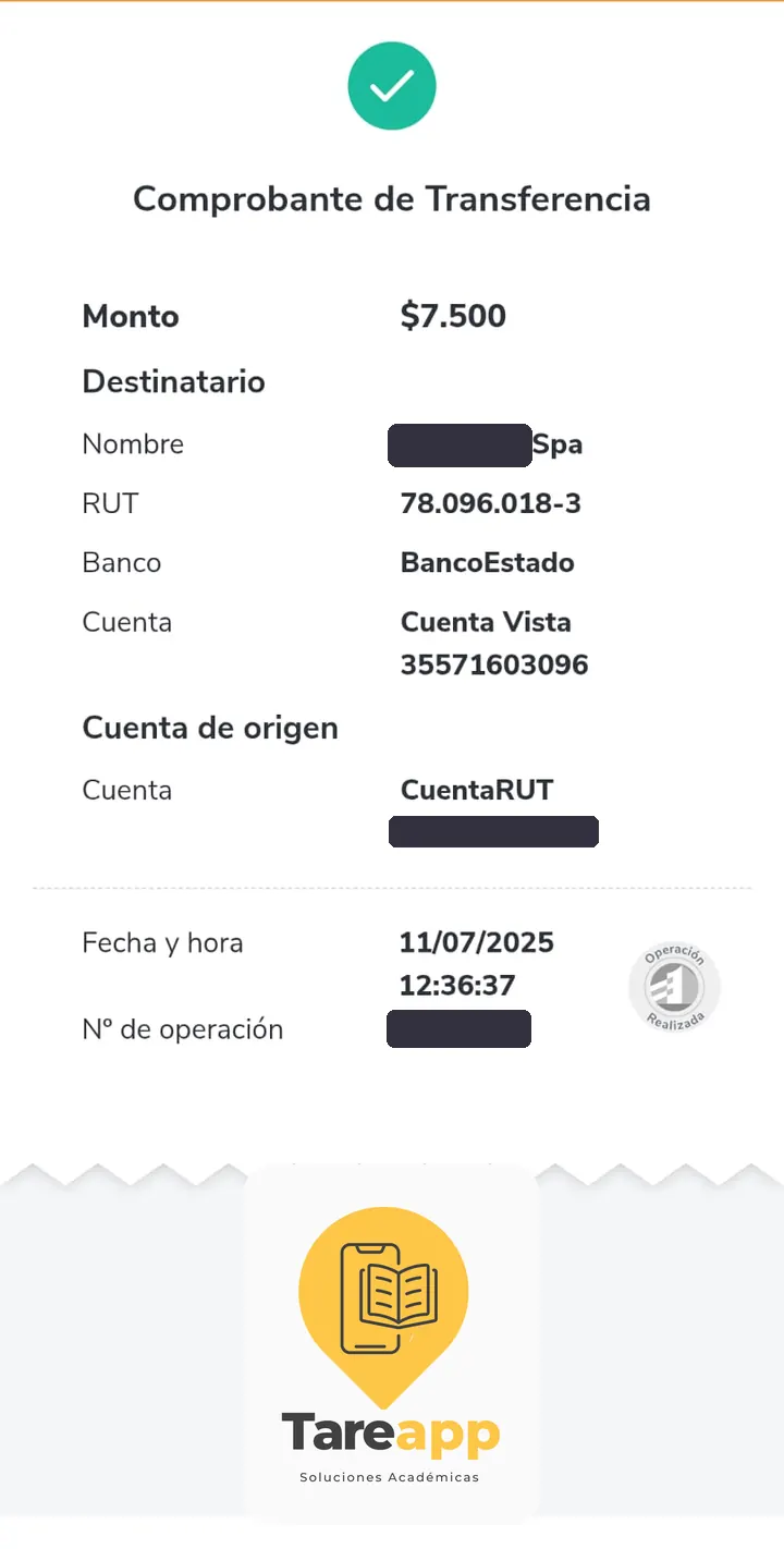 Comprobante de pago de $7.500 a Tareapp, julio 2025