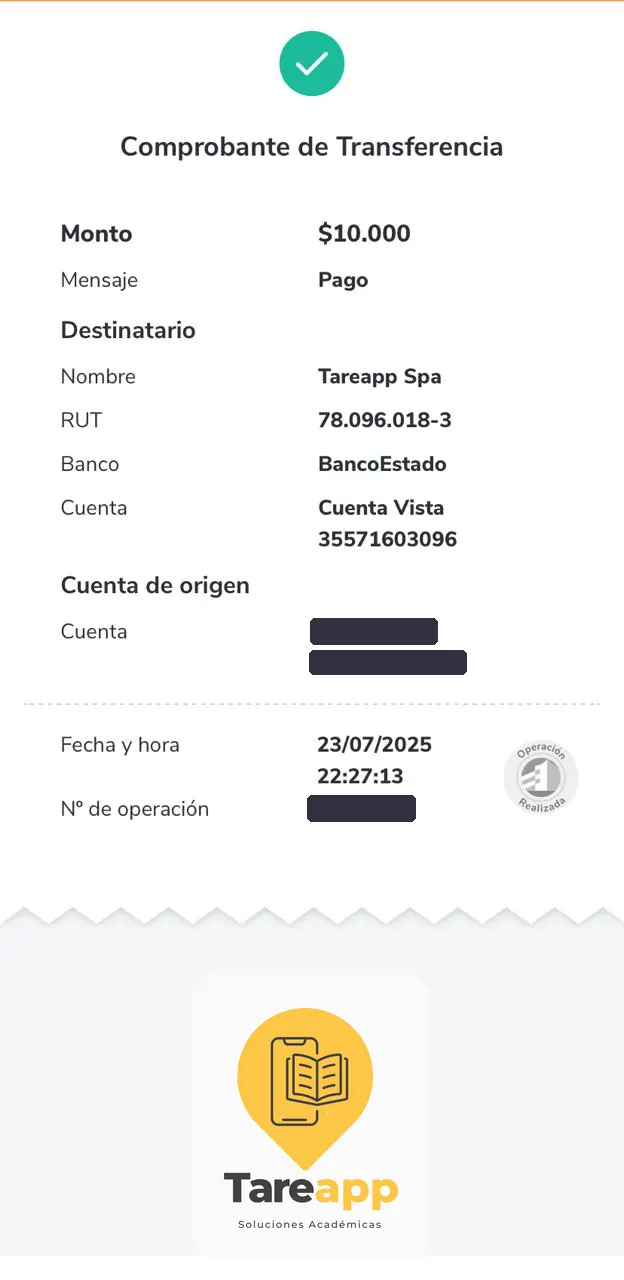 Comprobante de pago de $10.000 a Tareapp, julio 2025