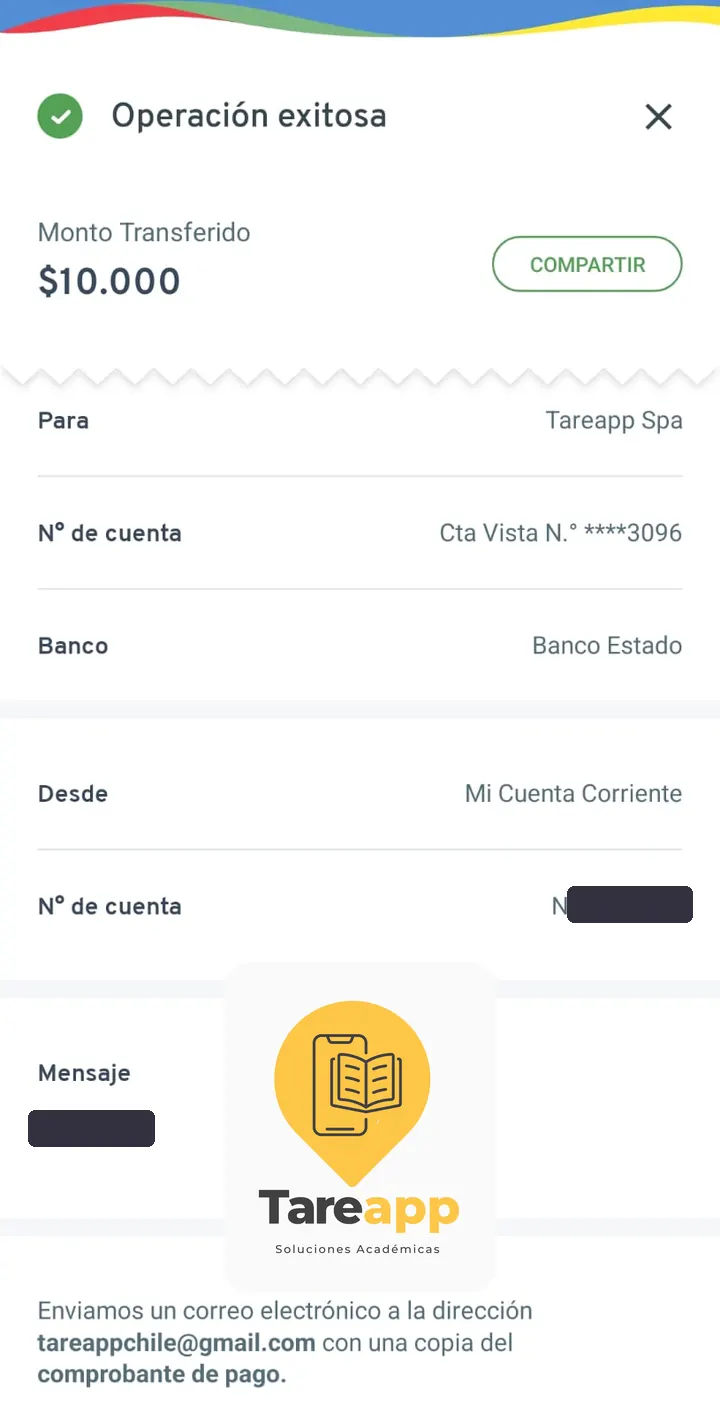Comprobante de pago de $10.000 a Tareapp, julio 2025