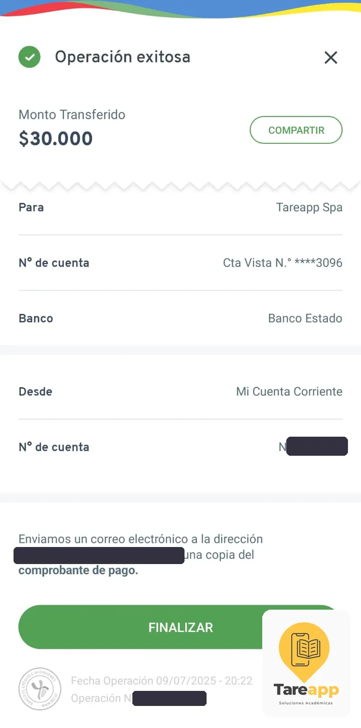 Comprobante de pago de $30.000 a Tareapp, julio 2025