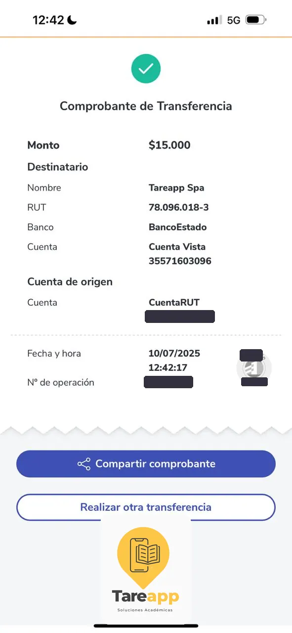 Comprobante de pago de $15.000 a Tareapp, julio 2025