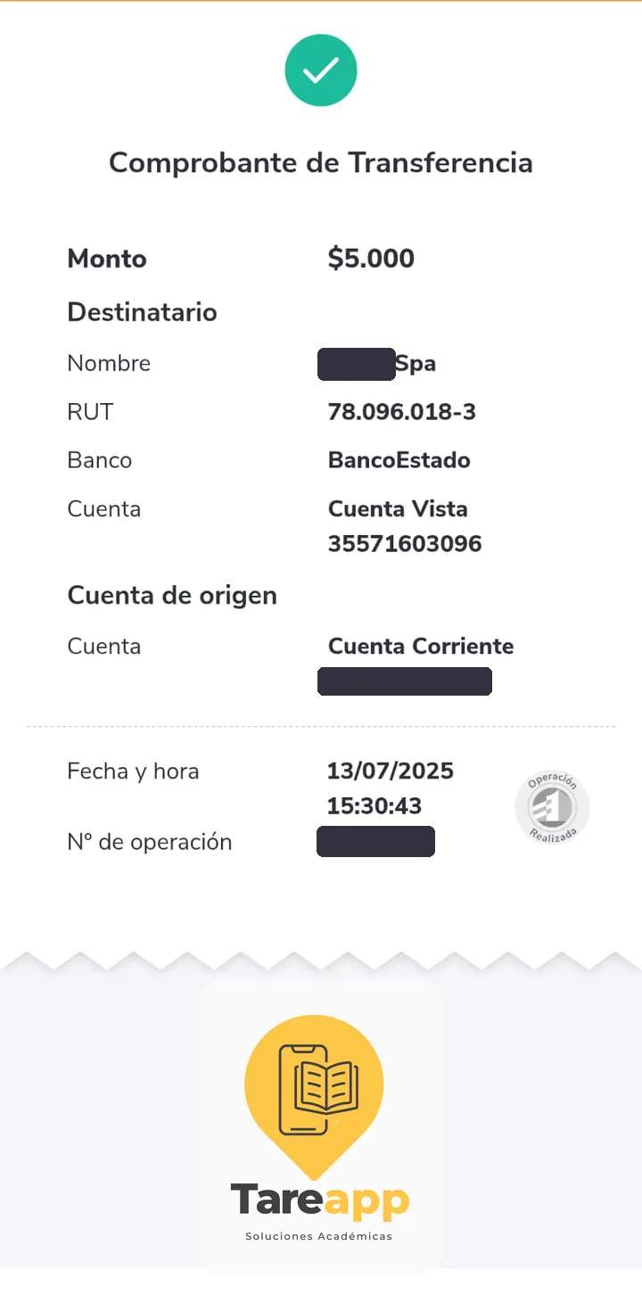 Comprobante de pago de $5.000 a Tareapp, julio 2025