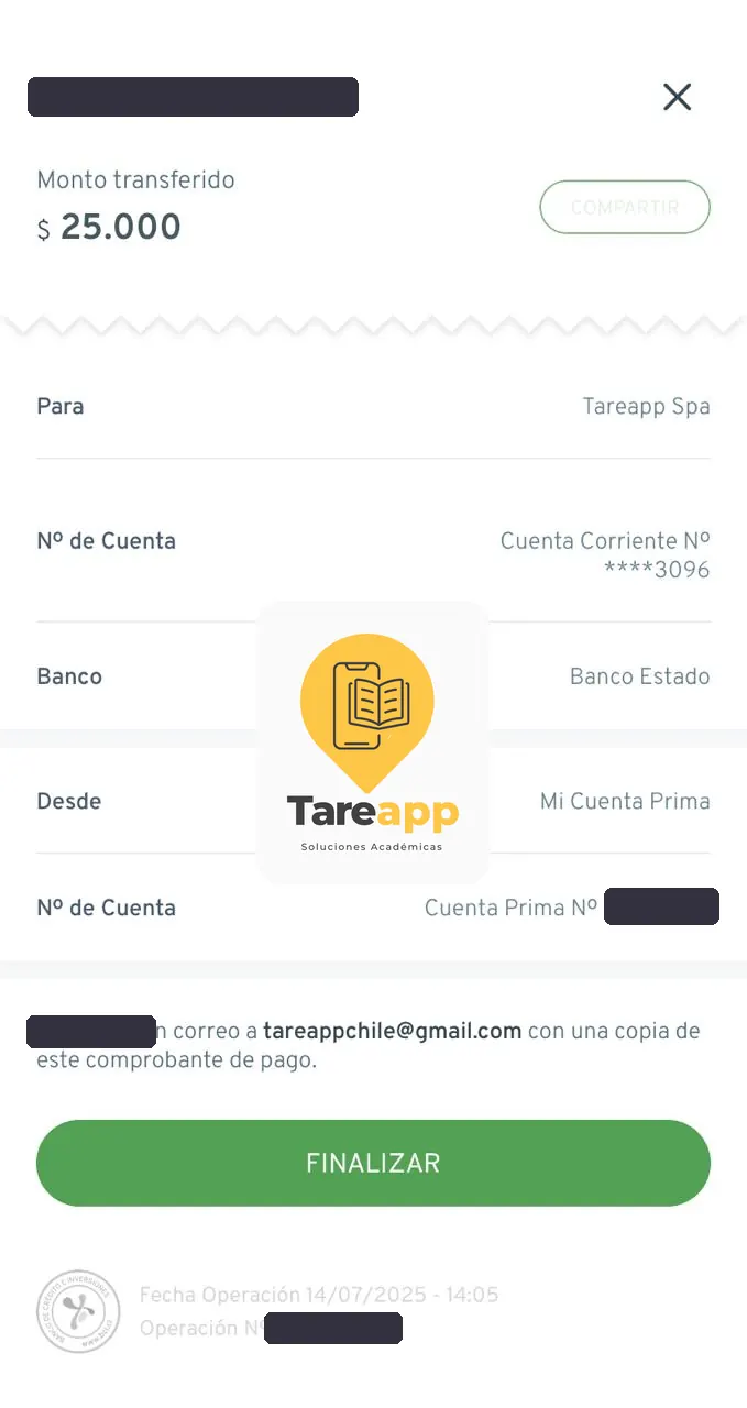 Comprobante de pago de $25.000 a Tareapp, julio 2025