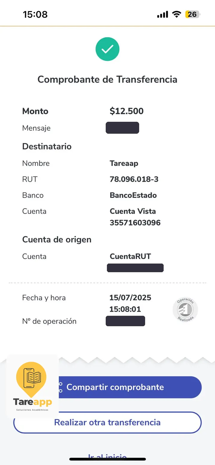 Comprobante de pago de $12.500 a Tareapp, julio 2025