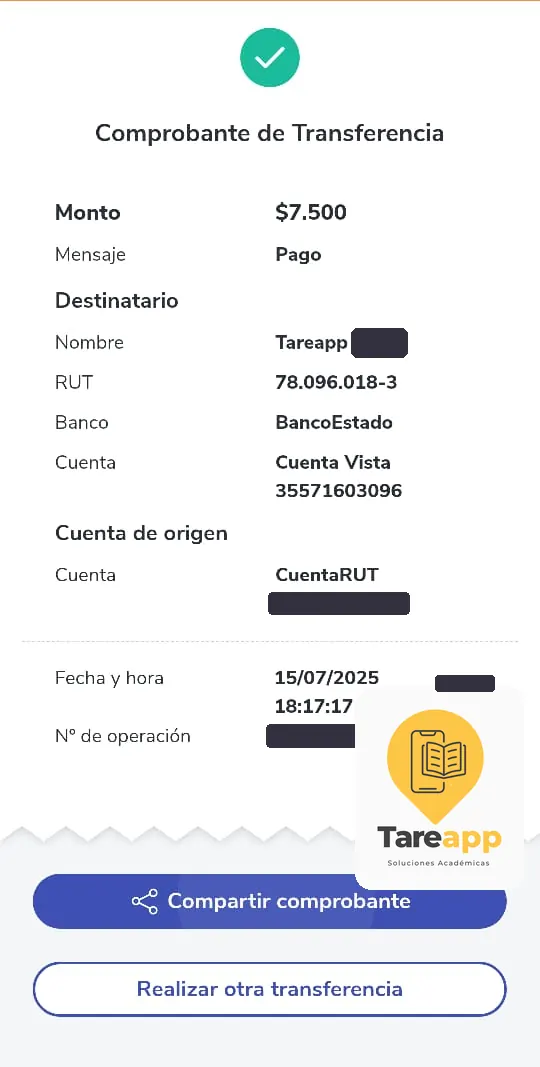 Comprobante de pago de $7.500 a Tareapp, julio 2025