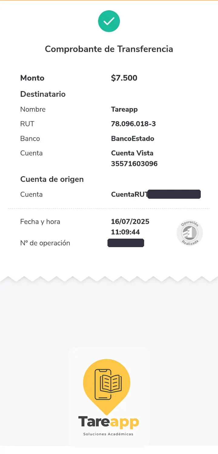 Comprobante de pago de $7.500 a Tareapp, julio 2025
