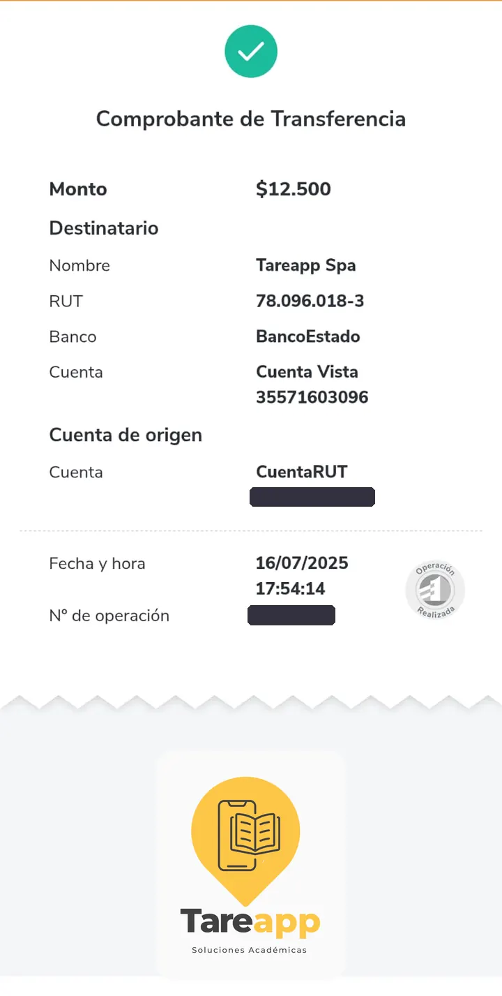Comprobante de pago de $12.500 a Tareapp, julio 2025