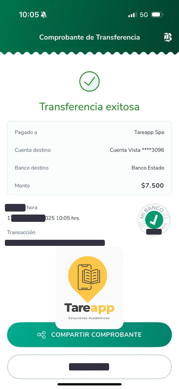 Comprobante de pago de $7.500 a Tareapp, julio 2025