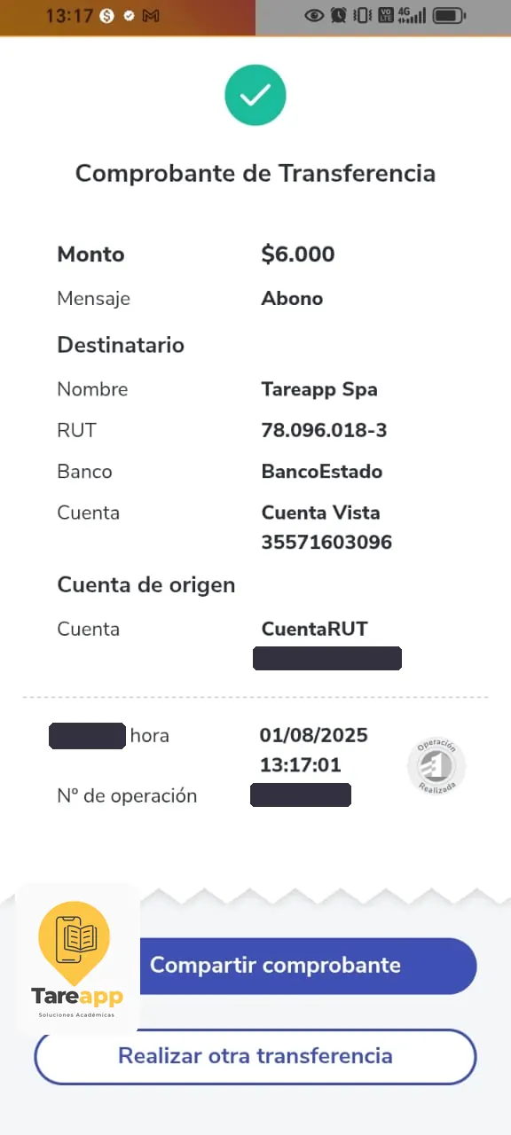 Comprobante de pago de $6.000 a Tareapp, agosto 2025