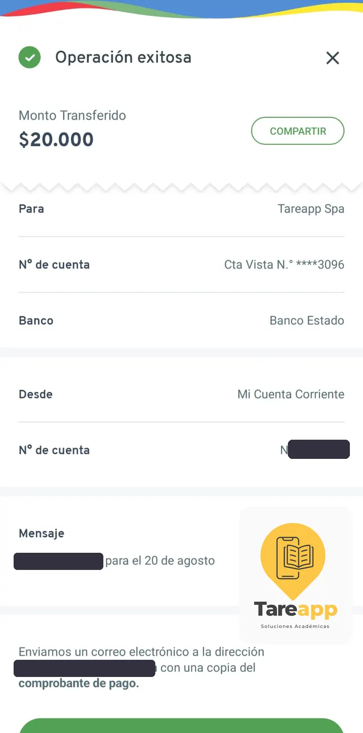 Comprobante de pago de $20.000 a Tareapp, agosto 2025