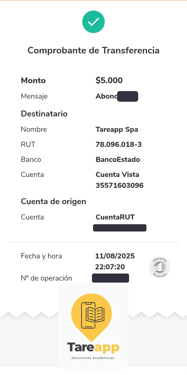 Comprobante de pago de $5.000 a Tareapp, agosto 2025