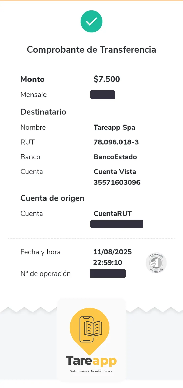 Comprobante de pago de $7.500 a Tareapp, agosto 2025