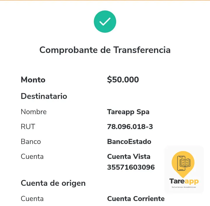 Comprobante de pago de $50.000 a Tareapp, agosto 2025