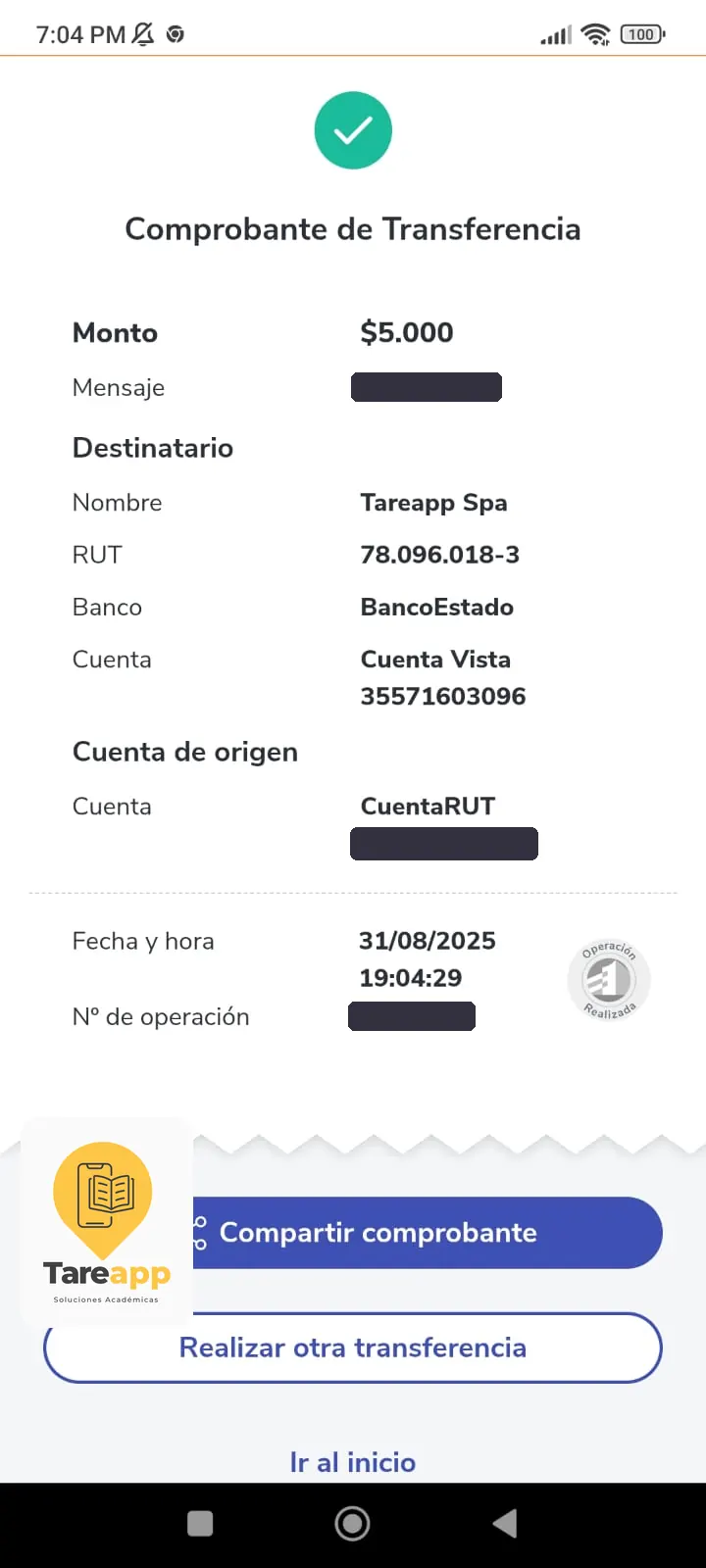 Comprobante de pago de $5.000 a Tareapp, agosto 2025