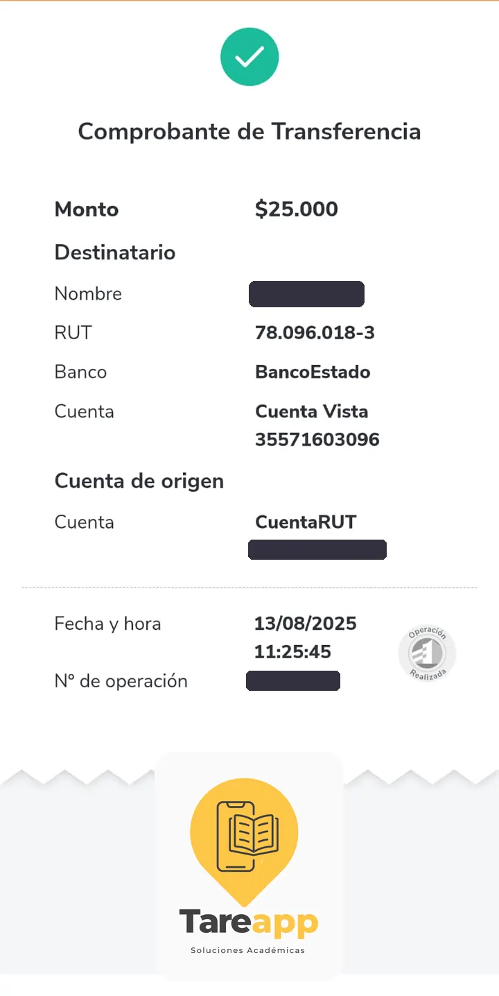 Comprobante de pago de $25.000 a Tareapp, agosto 2025