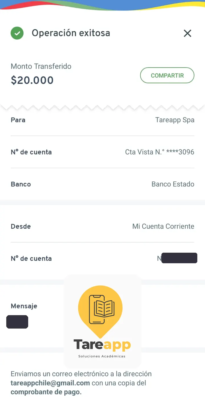 Comprobante de pago de $20.000 a Tareapp, agosto 2025
