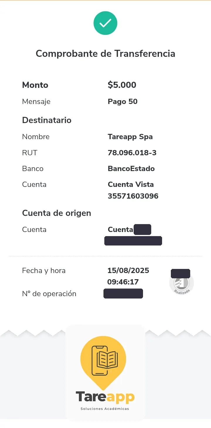 Comprobante de pago de $5.000 a Tareapp, agosto 2025