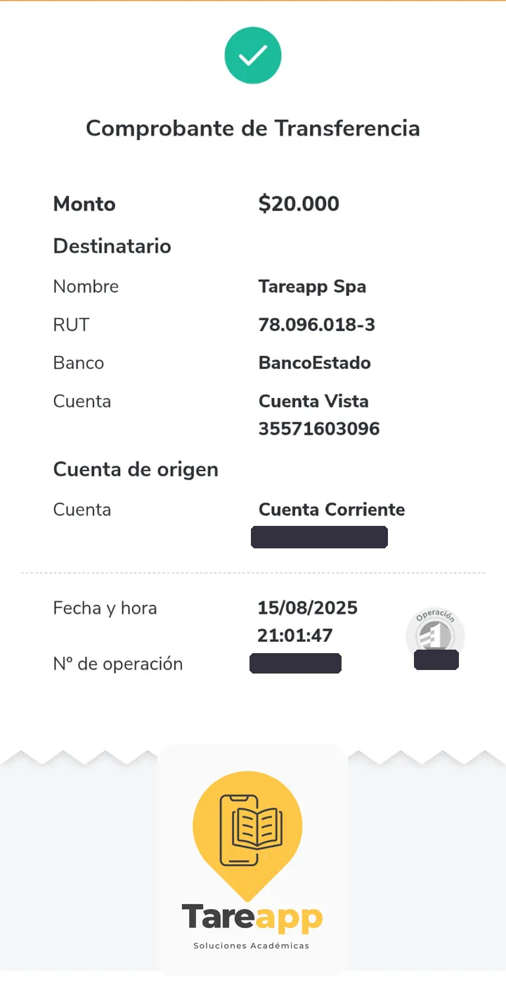 Comprobante de pago de $20.000 a Tareapp, agosto 2025