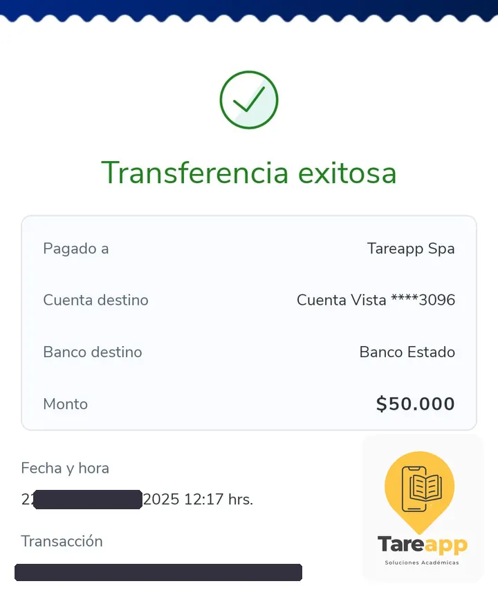 Comprobante de pago de $50.000 a Tareapp, agosto 2025