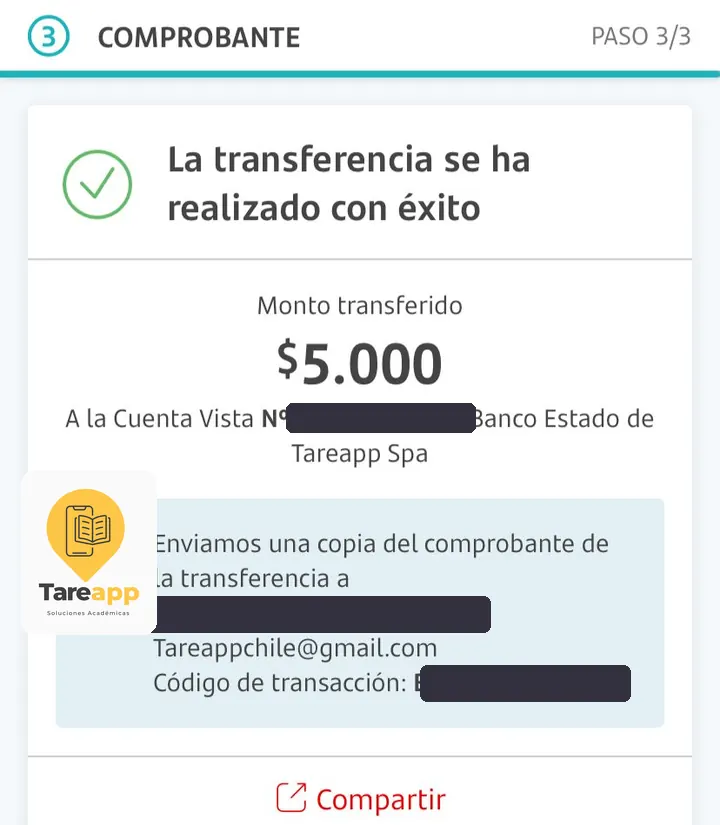 Comprobante de pago de $5.000 a Tareapp, agosto 2025