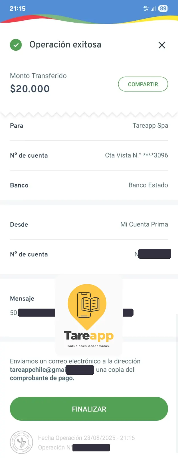 Comprobante de pago de $20.000 a Tareapp, agosto 2025