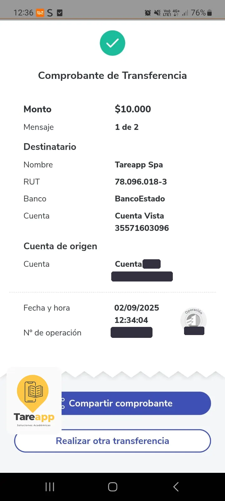 Comprobante de pago de $10.000 a Tareapp, septiembre 2025