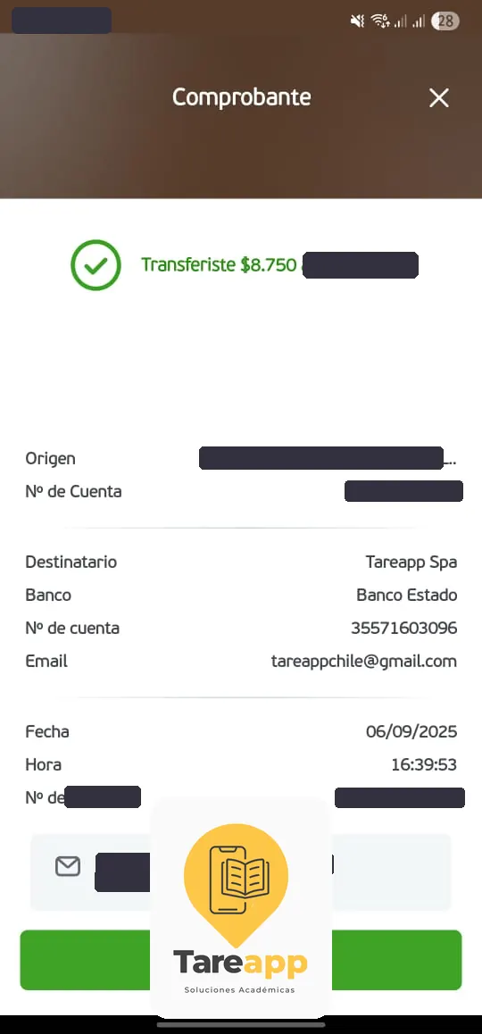 Comprobante de pago de $8.750 a Tareapp, septiembre 2025