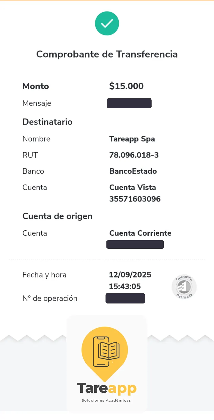 Comprobante de pago de $15.000 a Tareapp, septiembre 2025