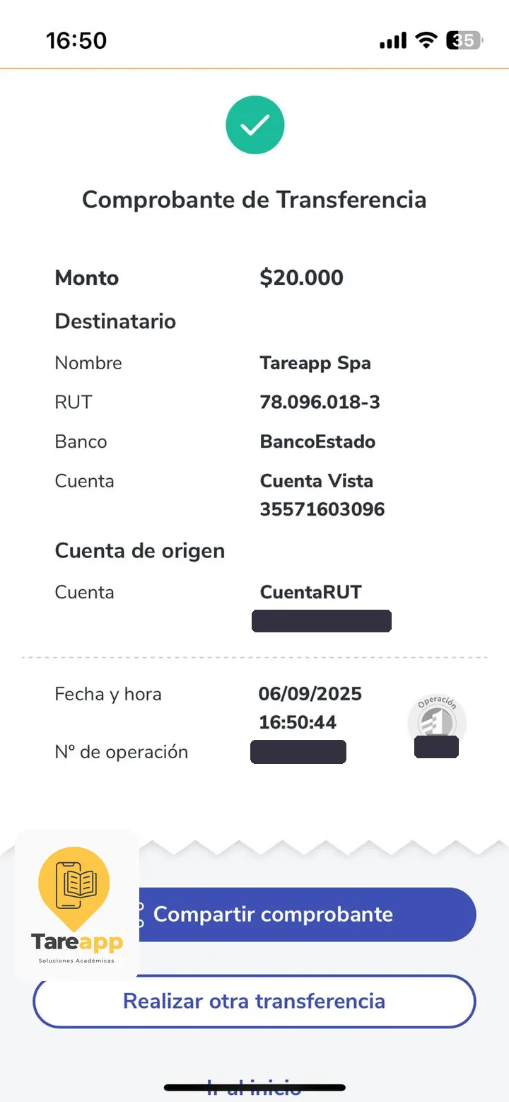 Comprobante de pago de $20.000 a Tareapp, septiembre 2025