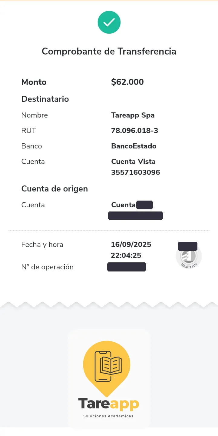 Comprobante de pago de $62.000 a Tareapp, septiembre 2025