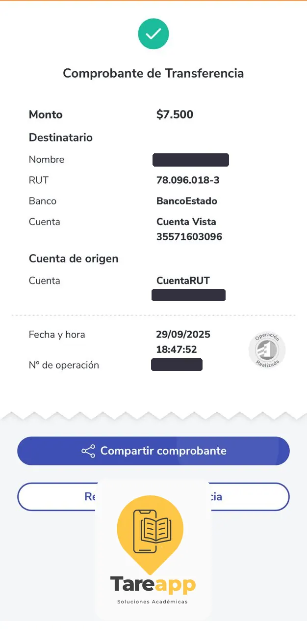 Comprobante de pago de $7.500 a Tareapp, septiembre 2025