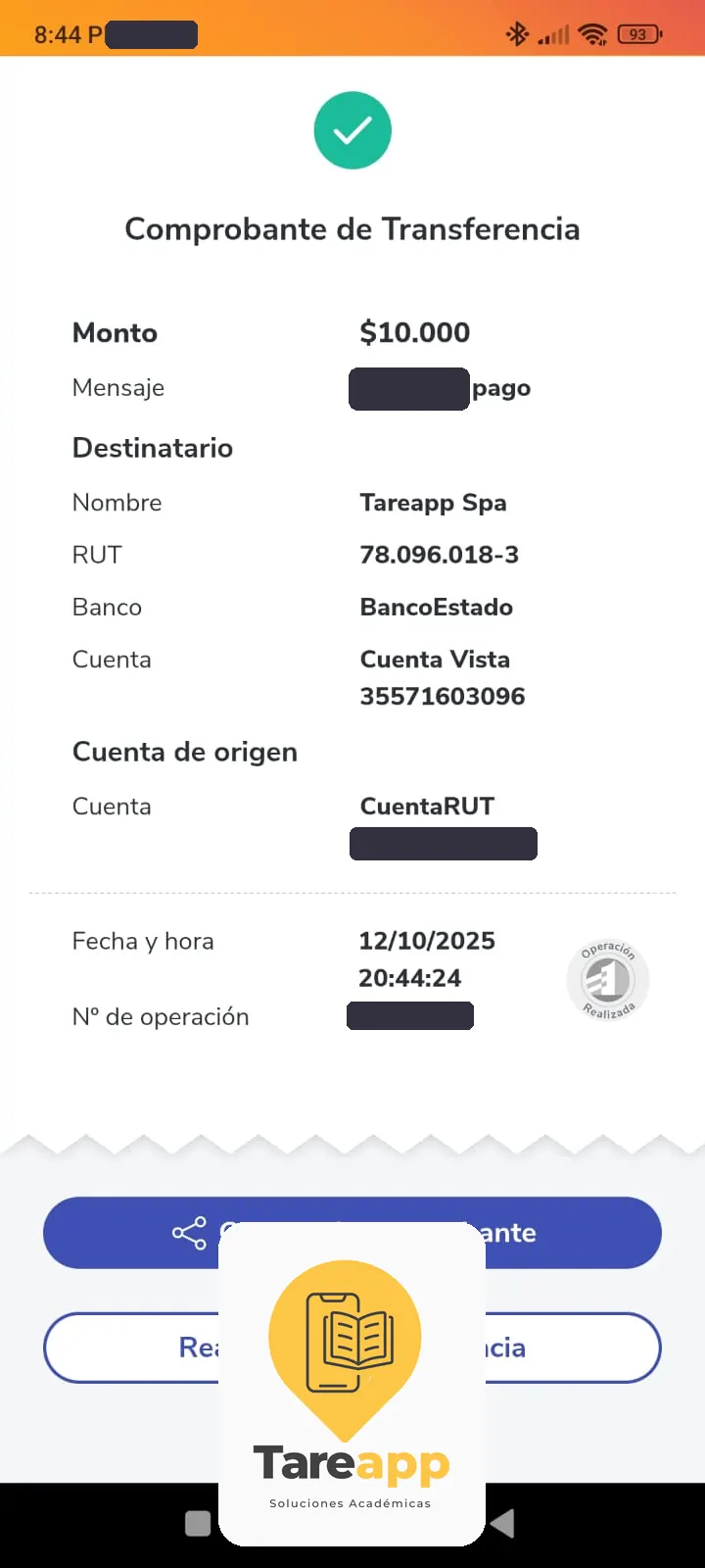 Comprobante de pago de $10.000 a Tareapp, octubre 2025