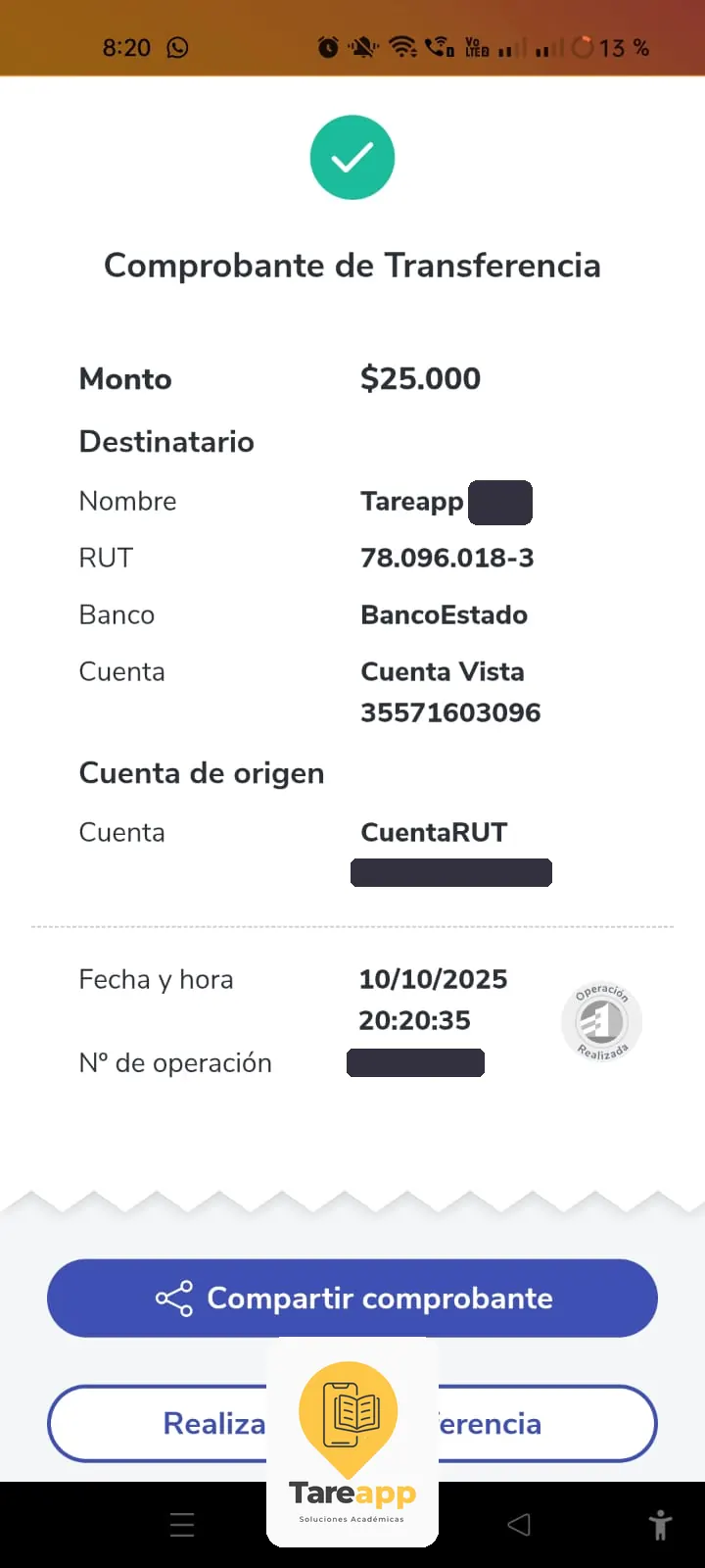 Comprobante de pago de $25.000 a Tareapp, octubre 2025