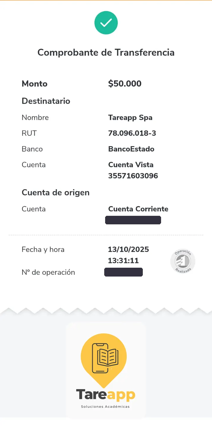 Comprobante de pago de $50.000 a Tareapp, octubre 2025