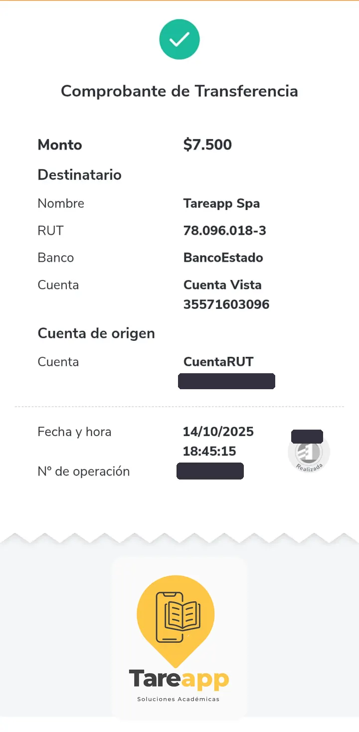 Comprobante de pago de $7.500 a Tareapp, octubre 2025