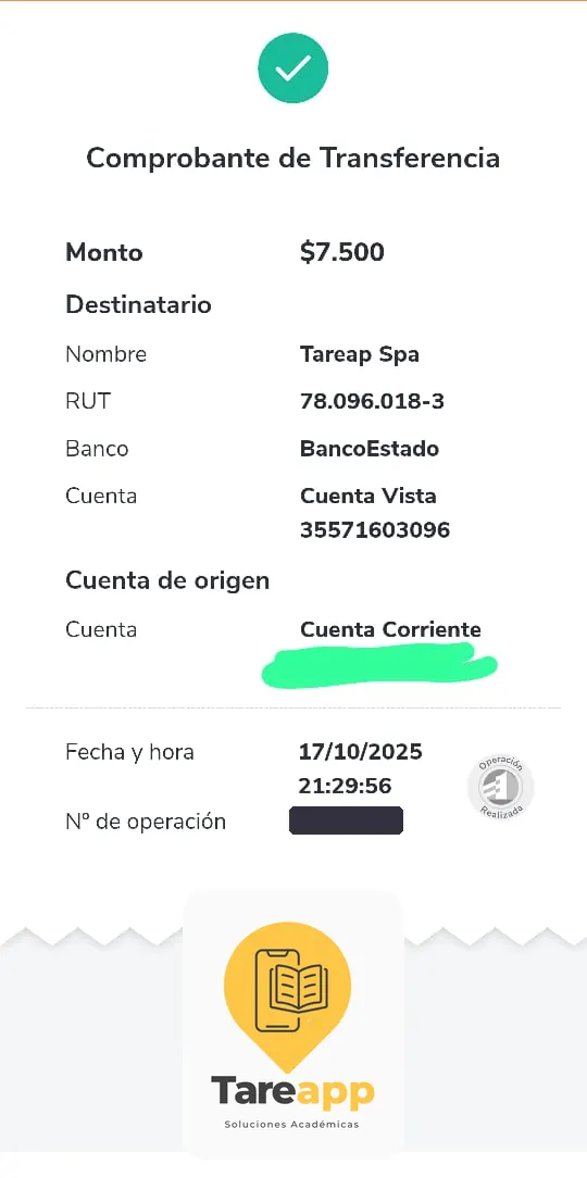 Comprobante de pago de $7.500 a Tareapp, octubre 2025