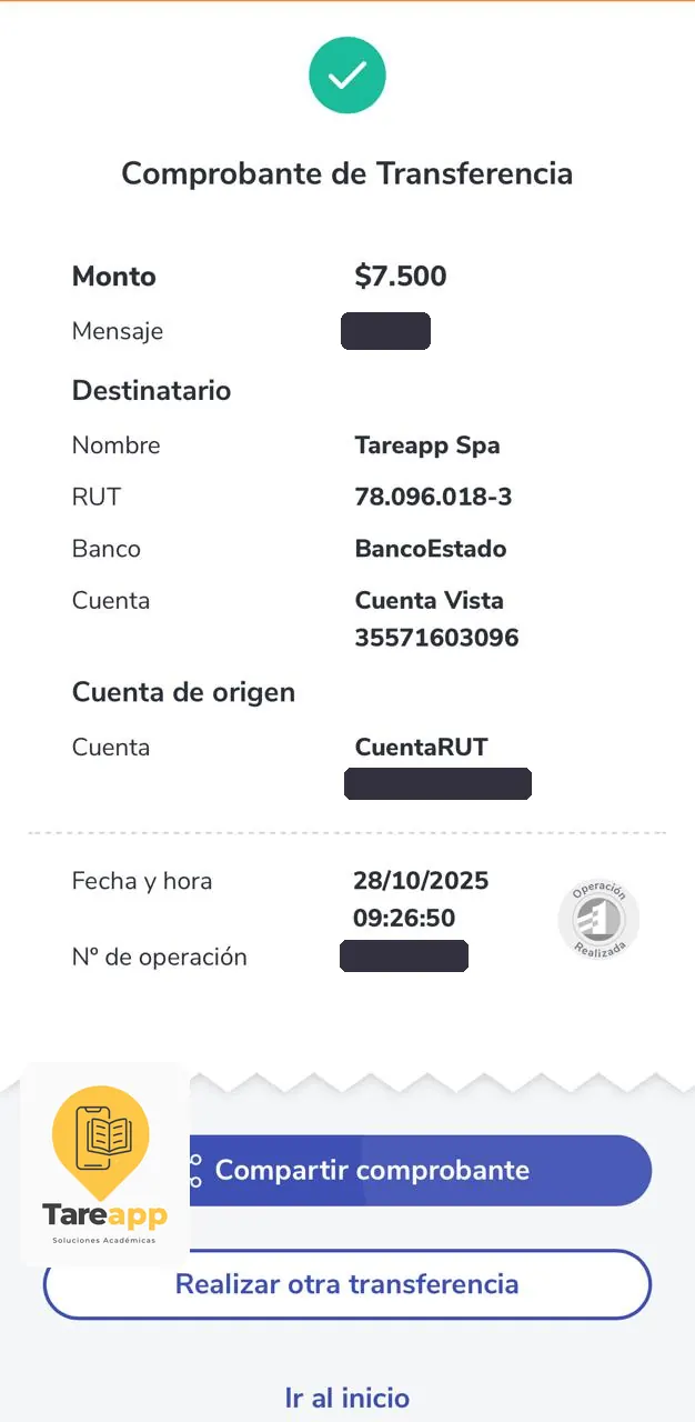 Comprobante de pago de $7.500 a Tareapp, octubre 2025