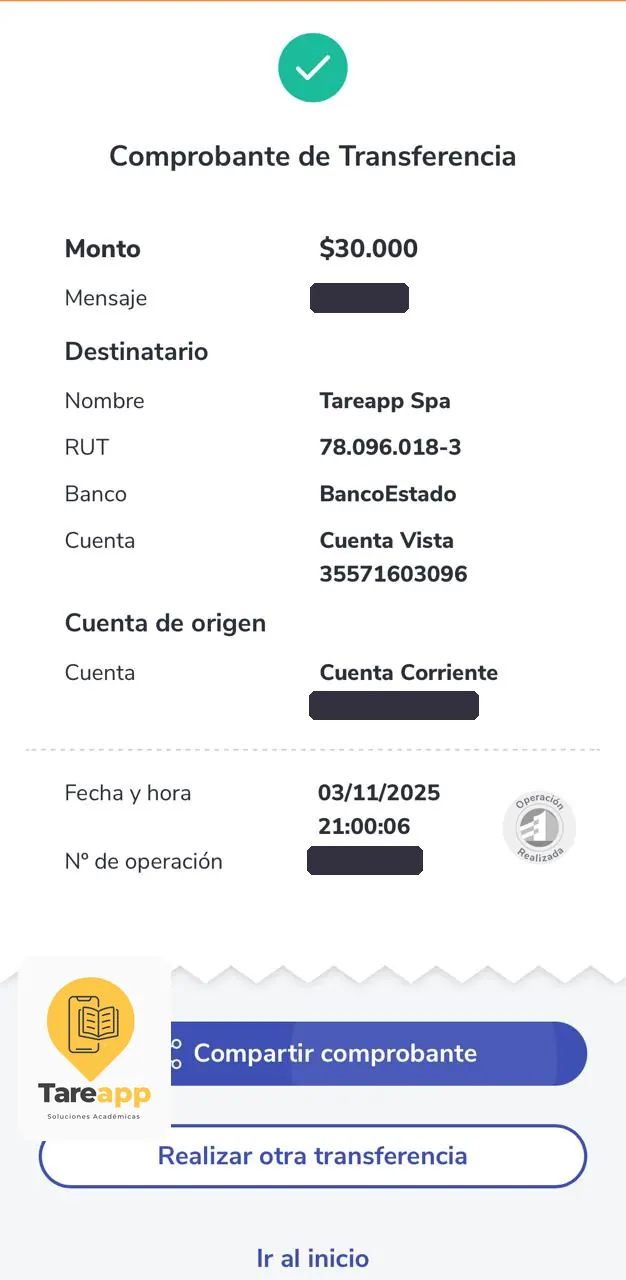 Comprobante de pago de $30.000 a Tareapp, noviembre 2025
