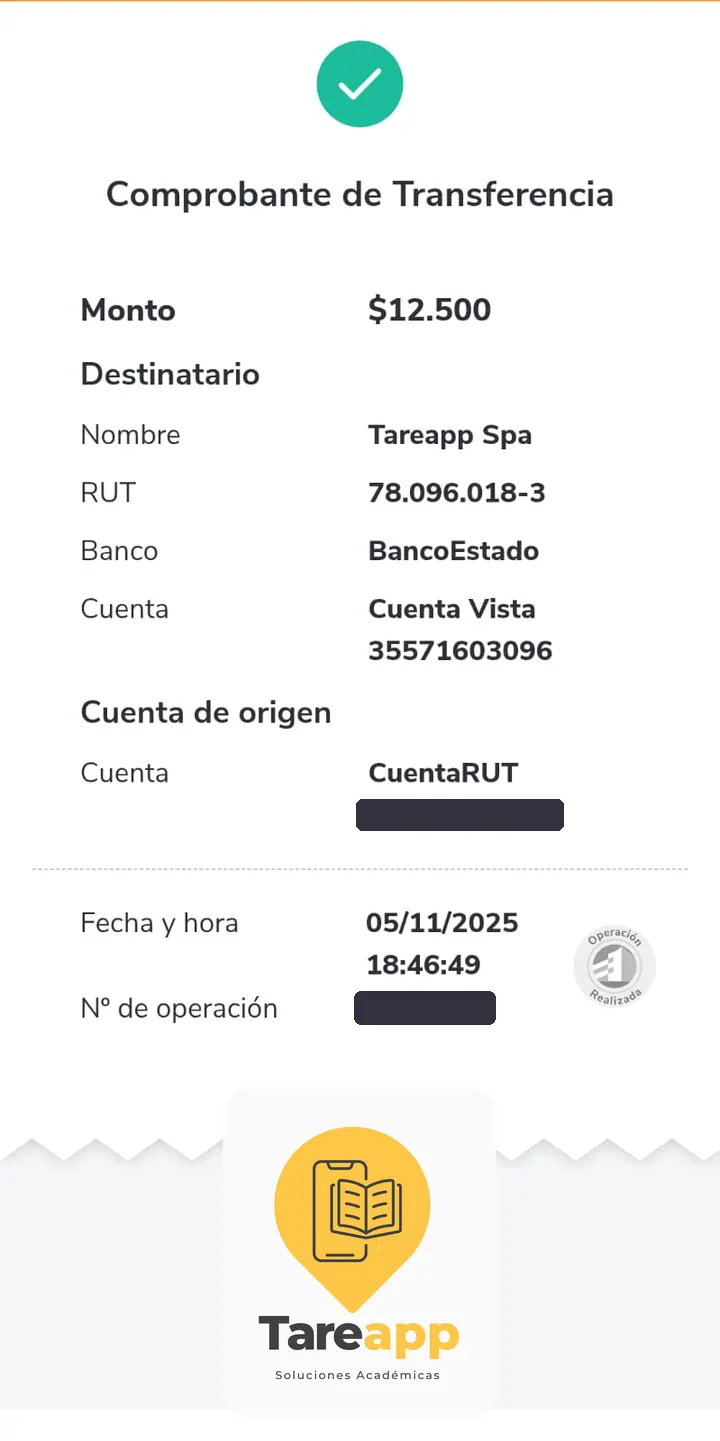 Comprobante de pago de $12.500 a Tareapp, noviembre 2025