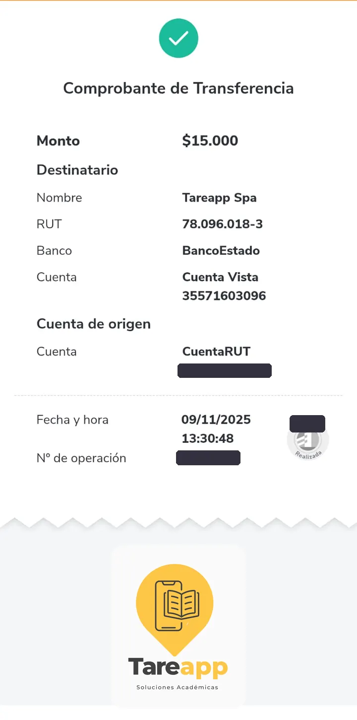 Comprobante de pago de $15.000 a Tareapp, noviembre 2025