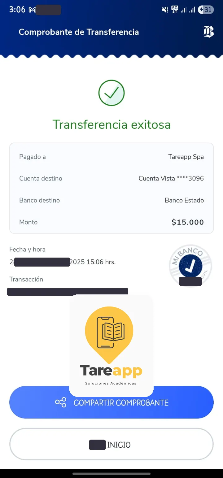 Comprobante de pago de $15.000 a Tareapp, noviembre 2025
