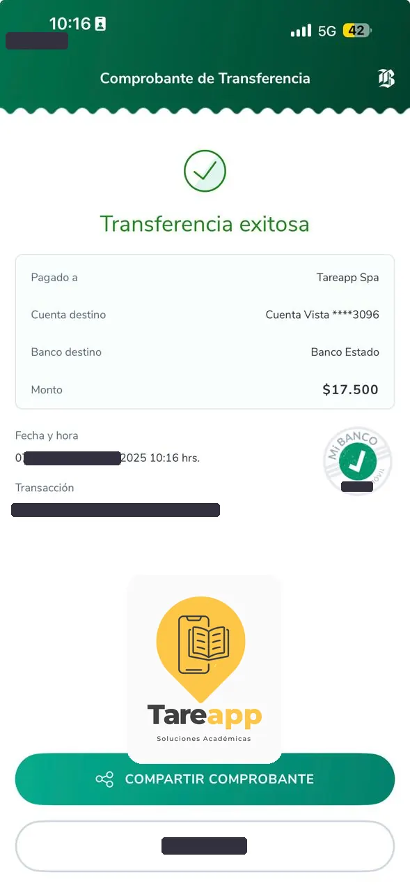 Comprobante de pago de $17.500 a Tareapp, noviembre 2025
